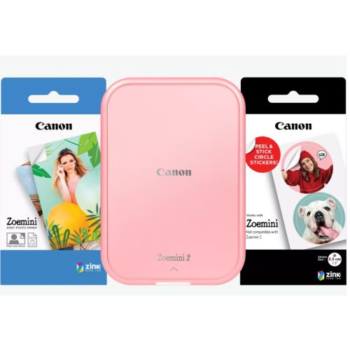 Canon ZOEMINI 2 Fotónyomtató Rózsaarany + 5x7,6cm ZINK fotópapír 20 lap + 3.3 cm ZINK 10 lap körmatrica papír