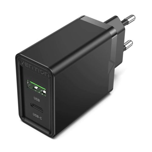 Vention USB-A+C (2port, 18W/20W,fekete), töltő