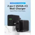 Vention USB-A+C (2port, 18W/20W,fekete), töltő