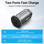 Vention USB-A+C (2port,18/20W, szürke, szivargyújtós), töltő