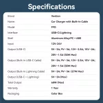 Vention USB-C*2+Lightning (3port,30W, szivargyújtós), töltő