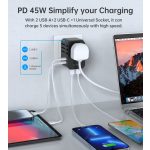 Choetech USB-C*2+A*2 (45W, fekete, travel, US,UK,EU,AU), töltő
