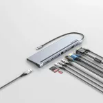 Vention USB-C -> HDMI/VGA/USB-C Gen 1/USB 3.0x2/USB 2.0/RJ45/SD/TF/TRRS 3.5mm/PD 0,25m (11 az 1-ben, szürke, fémszerű), Dokkoló