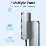 Vention USB-C -> HDMI/USB 3.0x3/PD (0,15m Szürke Aluminum Ötvözet), Dokkoló