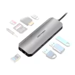 Vention USB-C -> HDMI/USB3.0x3/RJ45/SD/TF/TRRS 3.5mm/PD (0,15m Szürke Aluminum Ötvözet), Dokkoló