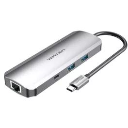   Vention USB-C -> HDMI/USB-C Gen 1/USB3.0x2/RJ45/SD/TF/TRRS 3.5mm/PD (0,15m Szürke Aluminum Ötvözet), Dokkoló