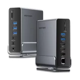   Vention USB-C -> Displayport/HDMI x 2/USB 3.2 Gen 2 USB-C/USB 3.2 Gen 2 Type-A x 2/USB 3.2 Gen 1 USB-C/USB 3.0/USB 2.0 x 2/RJ45/SD/TF/3.5mm TRRS/PD MST  (0,15m Szürke Aluminum Ötvözet) Dokkoló