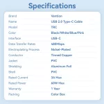 Vention Szövet USB-C -> USB-C,(3A, fekete), 1m, kábel