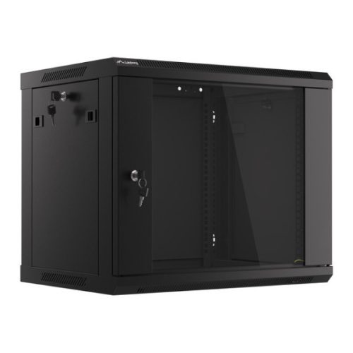 Lanberg WF01-6409-10B 19 9U SZÉL:600mm MÉLY:450mm MAG:512mm lapraszerelt üvegajtós fekete fali rack szekrény